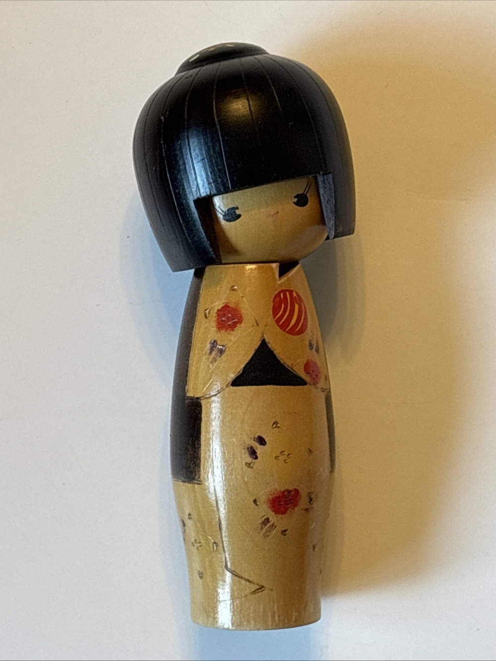 Cute Japanese Kokeshi Wooden Doll 7.25" Head Tilted Stamped